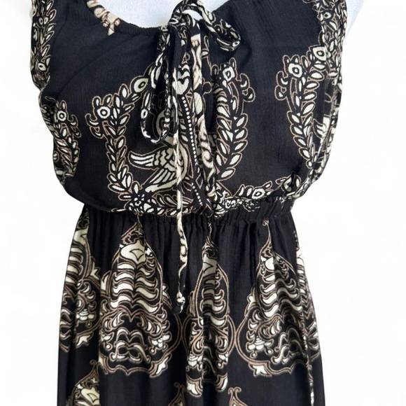 Forbidden Los Angeles Boho Maxi Dress Rayon Crochet Straps L Black Ivory Tan - Picture 5 of 8